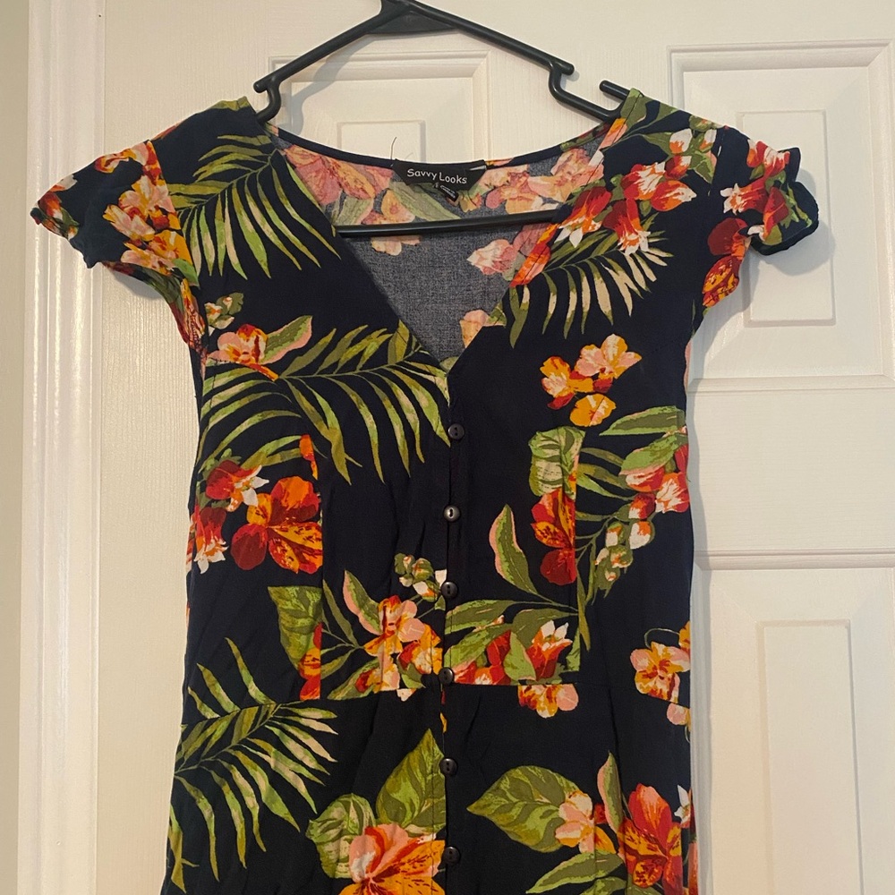 Navy tropical Floral Sheath Maxi Dress with Cap Sleeves - Picture 2 of 5
